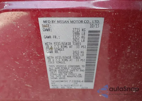 2015 Nissan Pathfinder Sv from USA, damaged, VIN 5N1AR2MM3FC720964